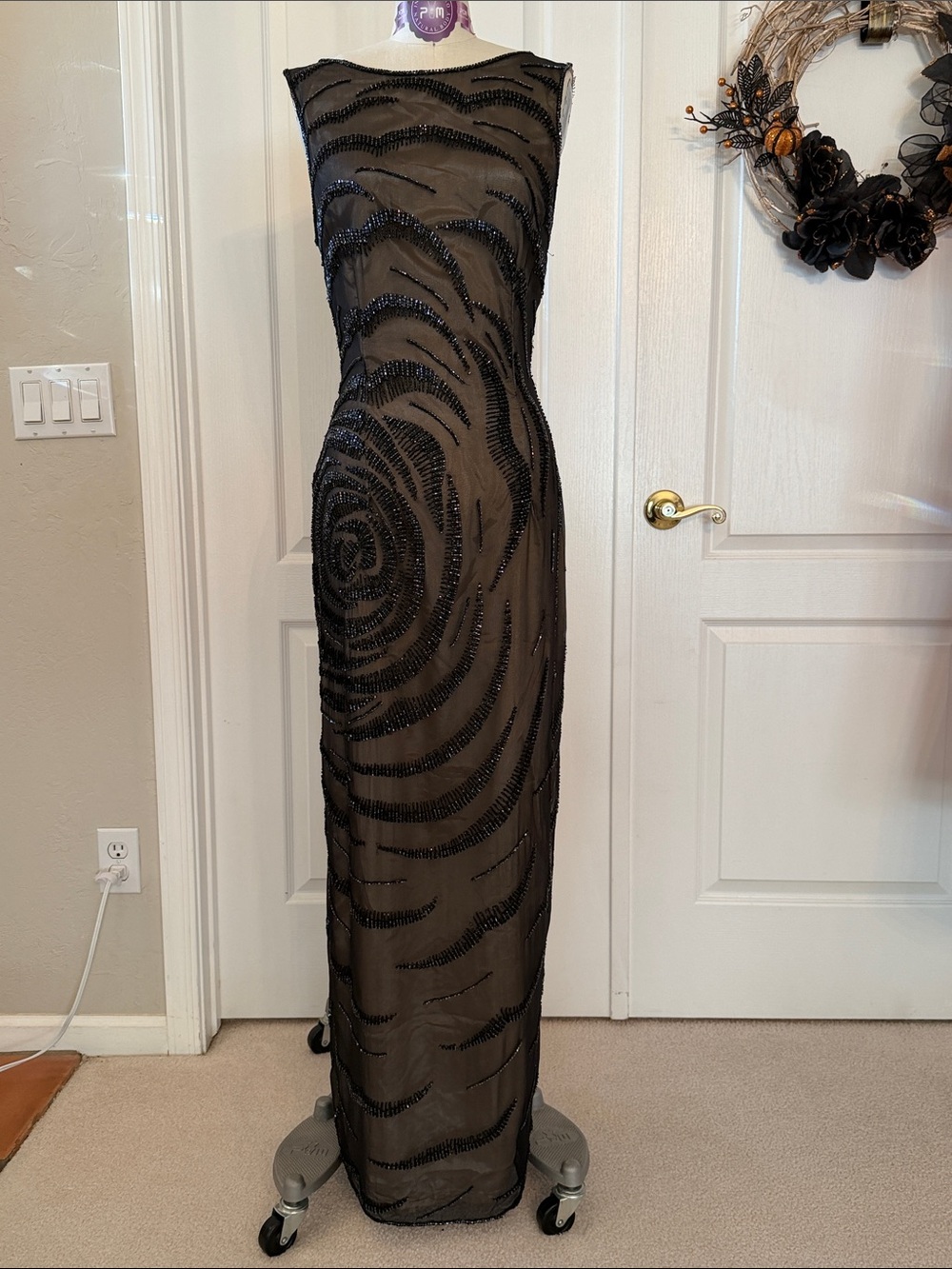 Elegant Black Beaded Sheer Evening Dress